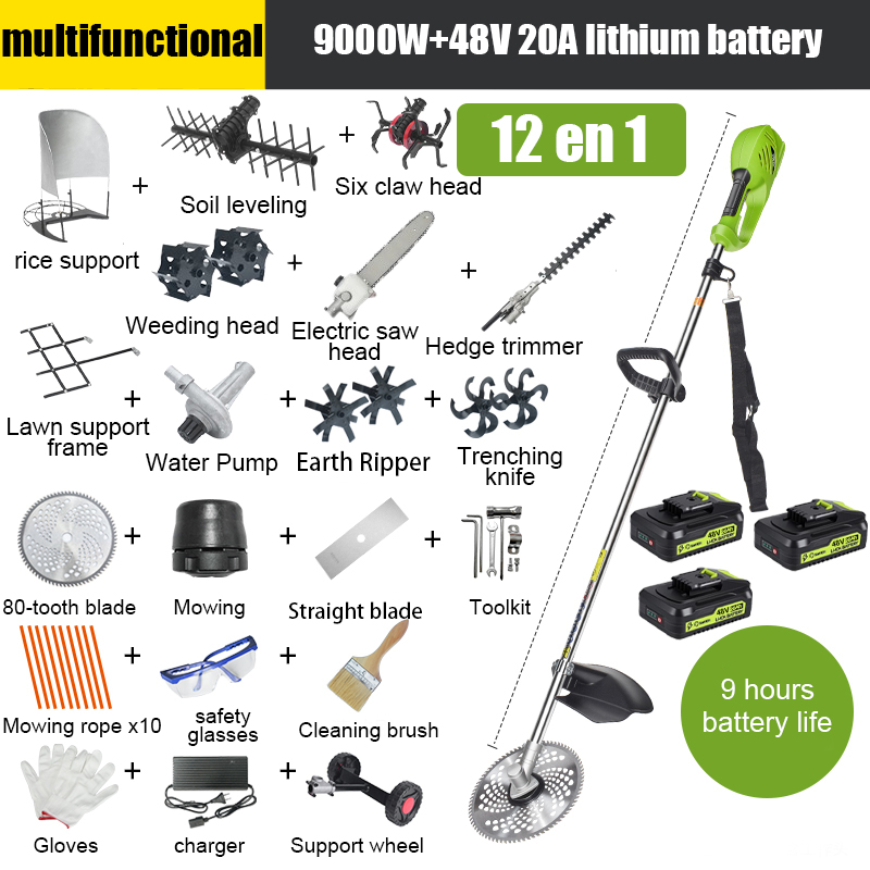 [12 em 1] Bateria de lítio de 9000 W, 48 V 20A * 3, 9 horas de duração da bateria, cabeça de serra elétrica, faca escarificadora, faca de vala, bomba de água, lâmina de 80 dentes, cabeça de corte, corda de corte *10, lâmina reta , roda de suporte, estrutura de suporte de relva, suporte de arroz, corta-sebes, cabeça de capina, cabeça de seis garras, nivelador, conjunto completo de acessórios